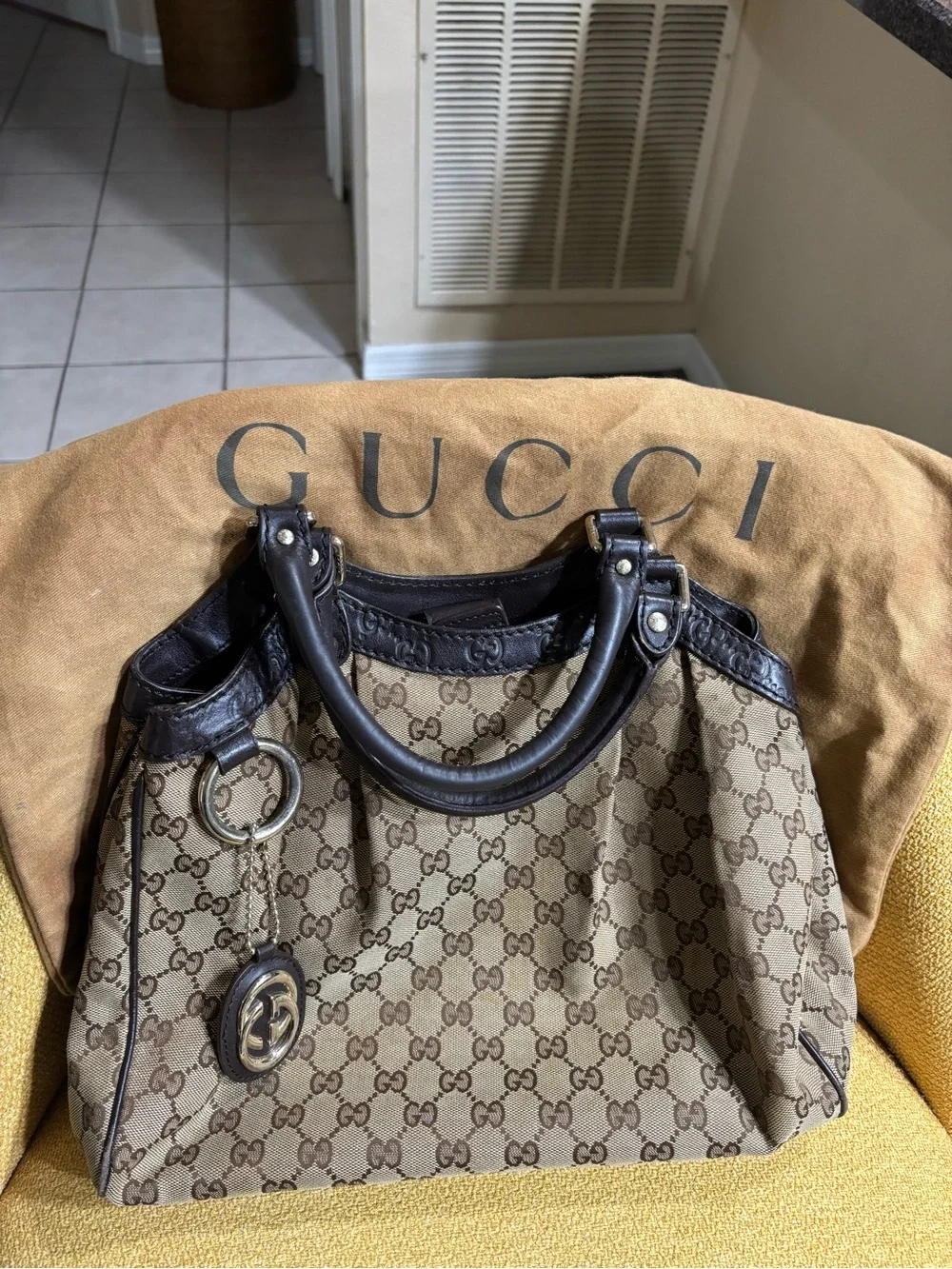 Gucci Beige/Brown GG Canvas Satchel with Dark Brown Trim